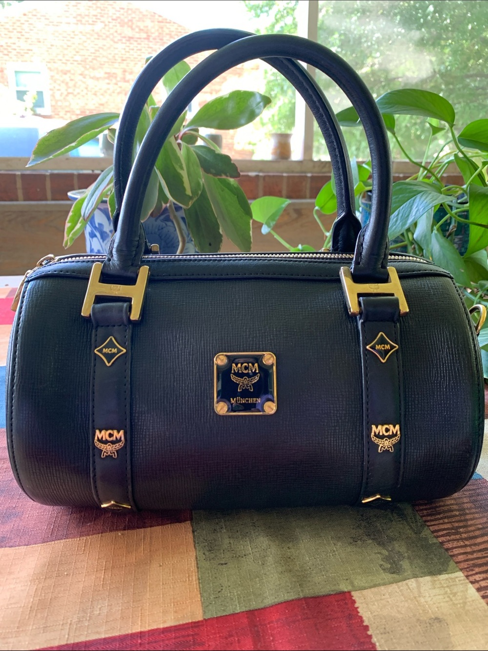 MCM Black Mini Barrel Satchel with Gold Hardware